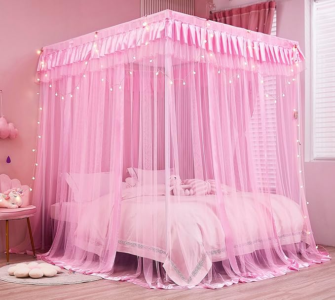 Mengersi Bed Canopy for Girls,Canopy Bed Curtains Canopy for Bed Drapes,Princess Bed Curtains Birthday Present Girls Room Decor,Pink