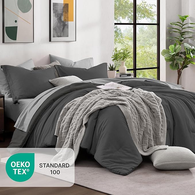 Monbix California King Comforter Set - 7 Pieces Cationic Dyeing Dark Grey Bed in a Bag Cal King Bed Sets with Comforter, Sheets, Pillowcases & Shams, Reversible Bedding Comforters Sets (108 * 92)