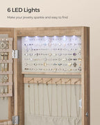 SONGMICS 6 LEDs Mirror Jewelry Cabinet, 47.2-Inch Tall Lockable Wall or Door Mounted Jewelry Armoire Organizer with Mirror, 2 Drawers, Christmas Gift, 3.9 x 14.6 x 47.2 Inches, Toasted Oak Color