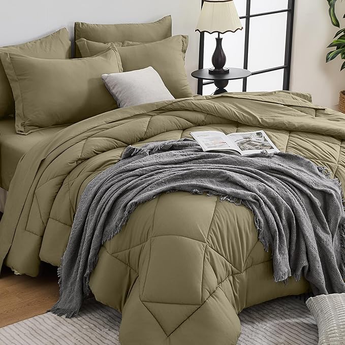 HEVUMYI Olive Green King Comforter Set - 7-Piece All Season Bed in a Bag King, Ultra Soft Bedding Set with Comforter, Flat Sheet, Fitted Sheet, Pillowcases, Pillow Shams, Olive Green