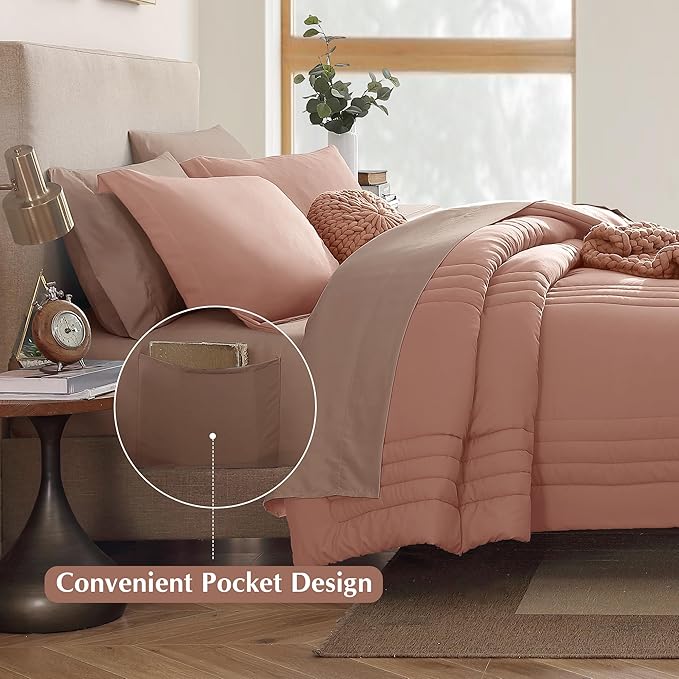 Monbix Queen Comforter Set - 7 Pieces Clay Pink Bed in a Bag Queen Bedding Sets with Comforters, All Seasons Down Alternative Comforter Bed Set with Sheets, Pillowcases & Shams