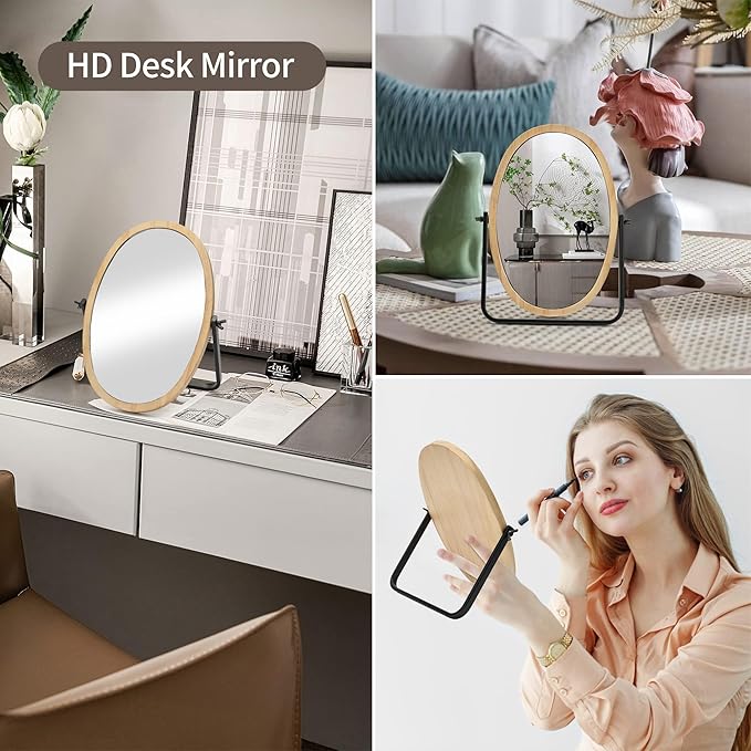 Generic Vanity Makeup Table Mirror - Desk Mirrors 360 Adjustable Rotation,Wood Framed Small Standing Mirror for Bedroom,Tabletop,Office,Antique,Dresser,Countertop 11.8'' x 7.8''