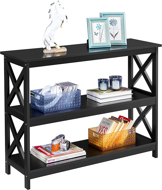 Yaheetech Console Table with Storage Shelves, 3-Tier Entryway Table Sofa Side Table Narrow Long Bookshelf for Hallway Living Room, Accent Furniture, Black
