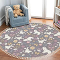 Round Rugs Autumn Forest Cute Bear Rabbit Flowers Butterflies Cartoon Boho Area Rug Linen and Cotton Carpet Meditation Washable Hallway Runner Mat Accent for Bedroom Bathroom 3ft, Multi5