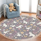 Round Rugs Autumn Forest Cute Bear Rabbit Flowers Butterflies Cartoon Boho Area Rug Linen and Cotton Carpet Meditation Washable Hallway Runner Mat Accent for Bedroom Bathroom 3ft, Multi5