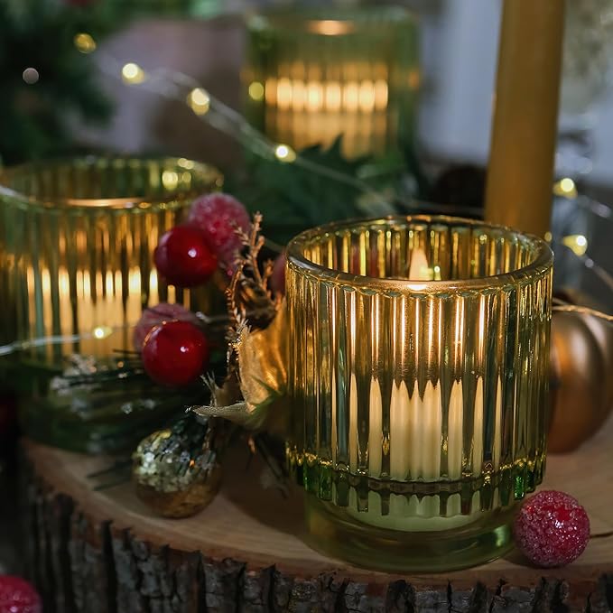 Kate Aspen Vintage Ribbed Glass Candle Holder Decor, Green Votive Candle Holders for Holiday Table Decor, Tealight Candles Holder Glass (Set of 6), Dinning & Christmas Table Decoration Tablescape