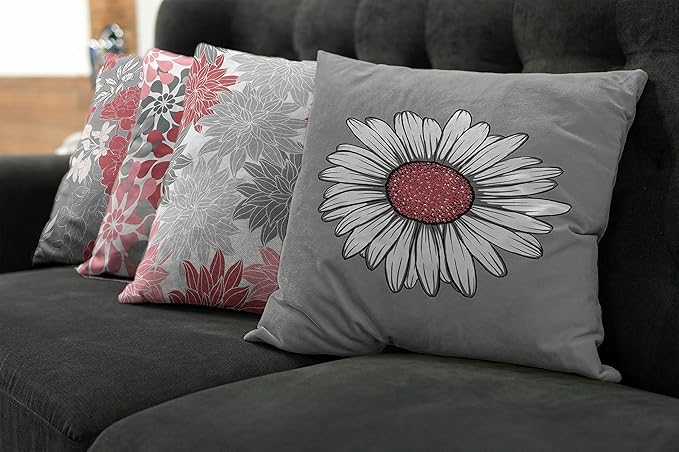 Ambesonne Floral Throw Pillow Cushion Case Pack of 4, Flower Petals Modern Color Palette Chamomile Peony Dahlia and Sunflower Print, Modern Accent Double-Sided Digital Printing, 18", Dark Coral Grey