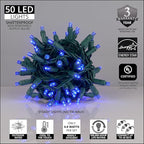 Wintergreen Lighting 50 LED Blue Christmas Lights, 25 ft Indoor/Outdoor Wide Angle Mini String on Green Wire, Commercial Grade with 6" Spacing, 5mm