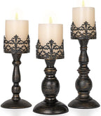 Distressed Black Candle Holders for Pillar Candles Set of 3, Vintage Crown Candle Stands for Table Centerpiece Decor, Tall Antique Metal Candle Holder Set for Fireplace Decoration, Ideal Gift