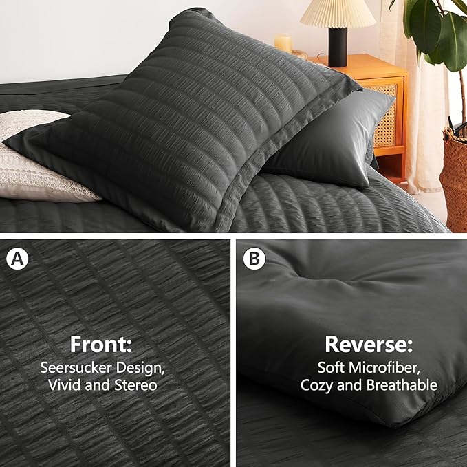 CozyLux Oversized Queen Comforter Set Dark Grey Seersucker 7 Pieces 98x98 Bed in a Bag Comforter Set with Sheets, Luxury Soft Bedding Sets with Down Alternative Comforter, Sheets, Pillowcases & Shams