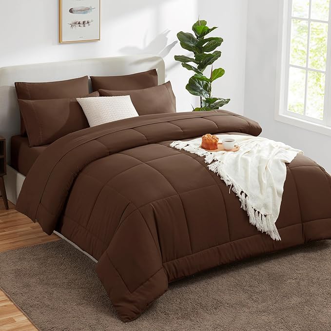CozyLux Full Size Comforter Sets Brown, 7 Pieces Bed in a Bag, Brown Comforter Full Size, All Season Bedding Sets with Stitch Quilted Comforter, Flat Sheet, Fitted Sheet, Pillowcases