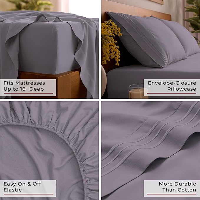 Mellanni Queen Sheets Set - 4 PC Iconic Collection Bedding - Hotel Luxury, Extra Soft, Cooling Bed Sheets - Wrinkle, Fade, Stain Resistant (Queen, Hazy Lilac)