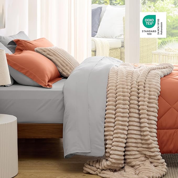 Bedsure Queen Comforter Set - 7 Pieces Reversible Burnt Orange Bedding, Queen Size Bed Set for All Seasons, Bed in a Bag with Down Alternative Comforter, Sheets, Pillowcases & Shams
