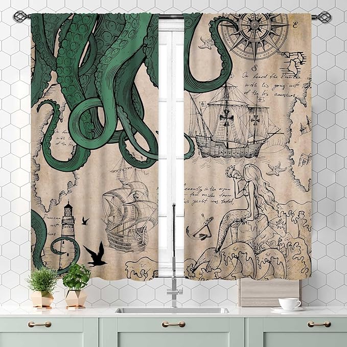 Nautical Octopus Curtains, Coastal Old Pirate Map Sailboat Compass Vintage Magic Ocean Kraken Octopus Tentacles Window Drapery Treatment for Bedroom Living Room Kitchen Bathroom 2 Panels, 55x39 Inch