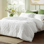 Bedsure Queen Comforter Set - White Comforter, Boho Tufted Shabby Chic Bedding Comforter Set for Kids, 3 Pieces Vintage Farmhouse Bed Set for All Seasons, Fluffy Soft Bedding Set with 2 Pillow Shams