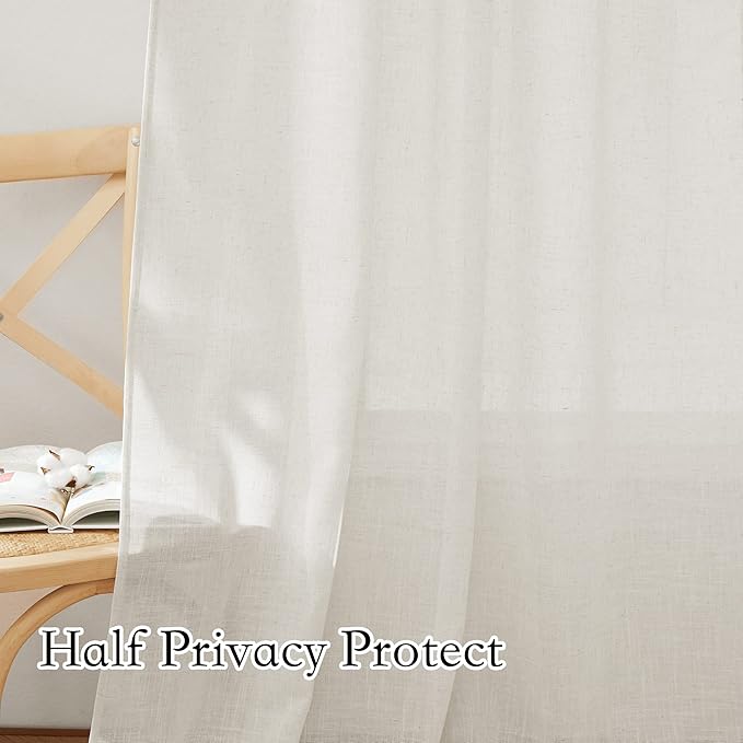 RYB HOME Linen Textured Semi Sheer Curtains Half Privacy Light Glare Filtering Breezy Airy Window Decor for Bedroom Bathroom Living Room, Linen, 34 inch Wide x 63 inch Long, 2 Panels