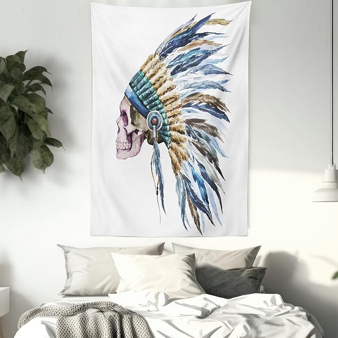 Lunarable Watercolor Tapestry, Skull Native Hat Indigenous Cultures Circle of Life Death, Wall Hanging for Bedroom Living Room Dorm Decor, 40" X 60", Cream Blue