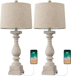 BOBOMOMO 27" Table Lamp with USB C+A Charging Ports Set of 2 Antique Nightstand Lamp for Bedroom Living Room Farmhouse Office Retro Rustic Resin Bedside Desk Lamps Washed White