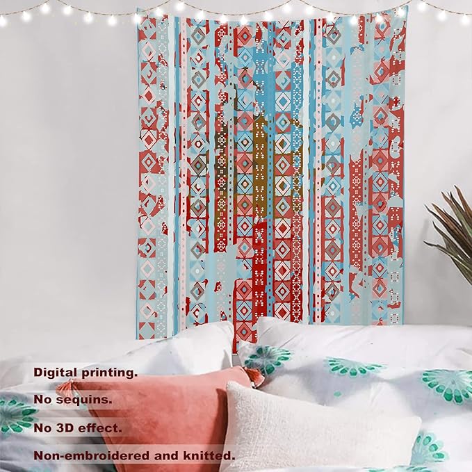 Batmerry Blue Grey Boho Garbage Tapestry, Red Wall Art Hanging Decoration Polyester Fiber White Ruffled Around for Dorm Room Bedroom Living Room, 59.1x39.4 inches