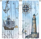 Nautical Curtains, Vintage Marine Coastal Sailboat Compass Anchor Ocean Beach Lighthouse Watercolor Blue Decorative Drapes for Bedroom Living Room Kitchen Bathroom Window 2 Panels Set, 42"x45" Inch