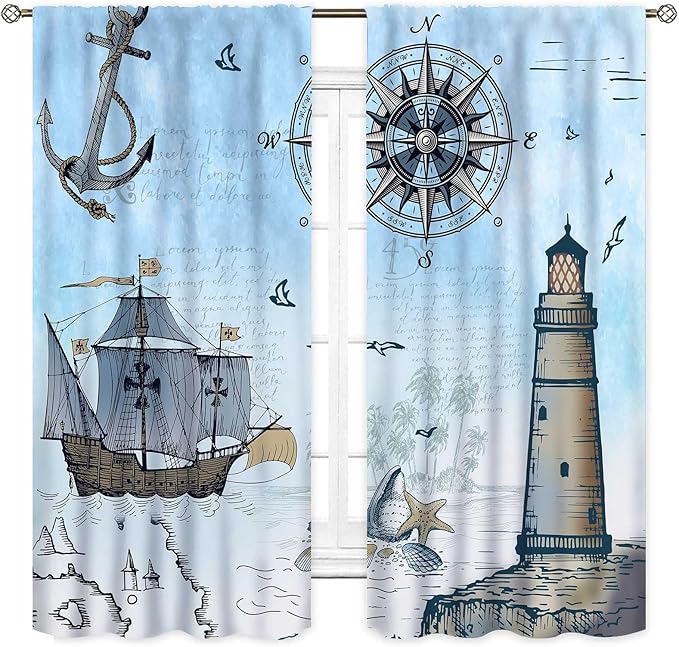 Nautical Curtains, Vintage Marine Coastal Sailboat Compass Anchor Ocean Beach Lighthouse Watercolor Blue Decorative Drapes for Bedroom Living Room Kitchen Bathroom Window 2 Panels Set, 42"x45" Inch