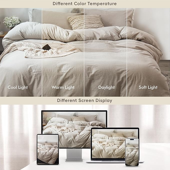 MooMee Bedding Duvet Cover Set 100% Washed Cotton Linen Like Textured Breathable Durable Soft Comfy (Heathered Tannish Linen Grey, Cal King 104"x98")