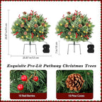 Lewondr Set of 2 Prelit Pathway Christmas Trees, 20.87" Outdoor Christmas Tree with 50 LED Lights, Pine Cones Red Berries, Battery Operated Outdoor Xmas Decor for Yard Home Porch