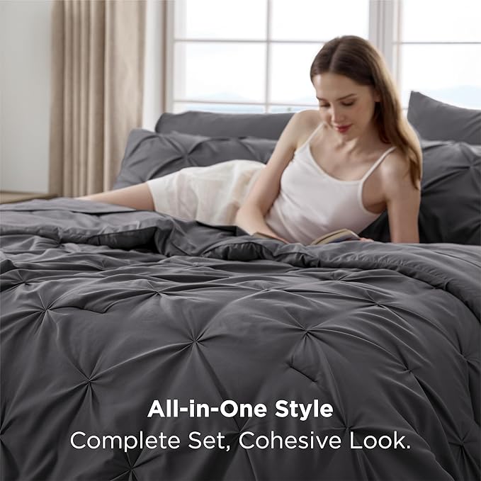 Bedsure Queen Comforter Set Dark Grey - Bed in a Bag Queen Size Bedding 7 Pieces, GentleSoft™ Pintuck Bed Set Gift for Family, Pinch Pleat All Season Comforter with Sheets, Pillowcases & Shams