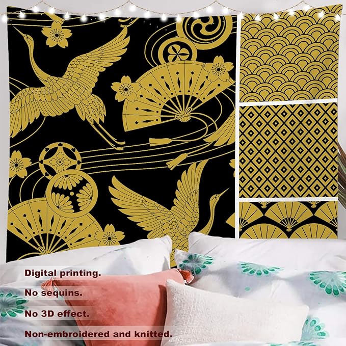 Batmerry Flower Vintage Tapestry, Oriental Japanese Pattern Ornaments Traditional Motives Kimono Wall Hanging Polyester Fiber White Ruffled Around For Dorm Bedroom Living Room, 90.6 X 78.7 Inches