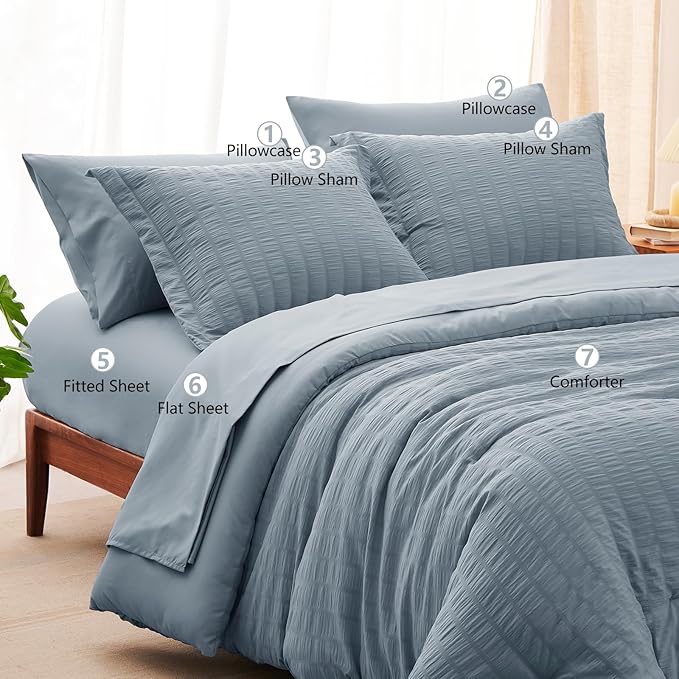 CozyLux Grayish Blue Full Size Comforter Sets with Sheets 7 Pieces, Dusty Blue Seersucker Bed in a Bag Textured Luxury Soft Bedding Set with Down Alternative Comforter, Sheets, Pillowcases & Shams