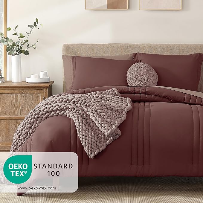 Monbix King Size Comforter Set - 7 Pieces Bed in a Bag King, Dark Red Bedding Sets with Comforter, All Seasons Down Alternative Comforter Bed Set with Sheets, Pillowcases & Shams