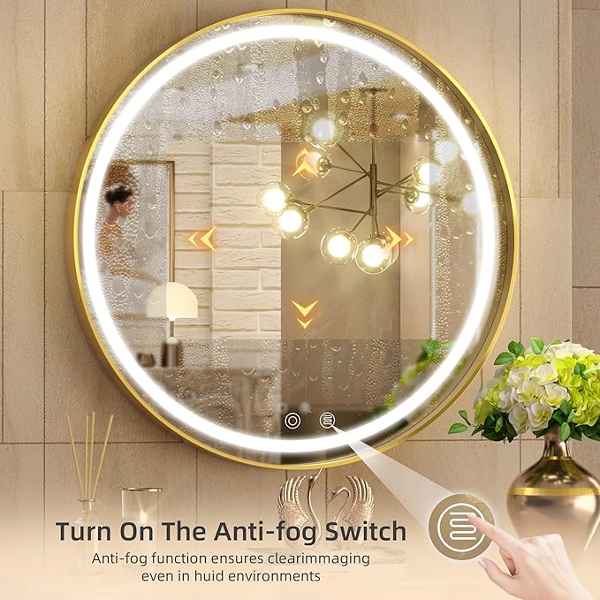 Hasipu 24 Inch Round LED Mirror for Bathroom with Lights, Gold Circle Vanity Mirror for Wall, Metal Framed Frontlit Bathroom Lighted Mirrors Anti-Fog, Dimmable, 3 Colors Makeup Mirror Wall Mounted