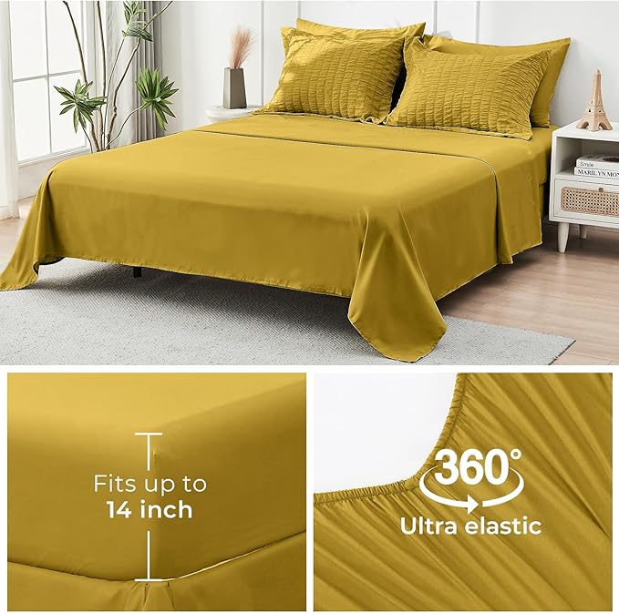 HYMOKEGE Mustard Yellow California King Comforter Set Seersucker 7 Pieces, All Season Luxury Bed in a Bag for Bedroom, Bedding Set with Comforter, Sheets, Pillowcases & Shams