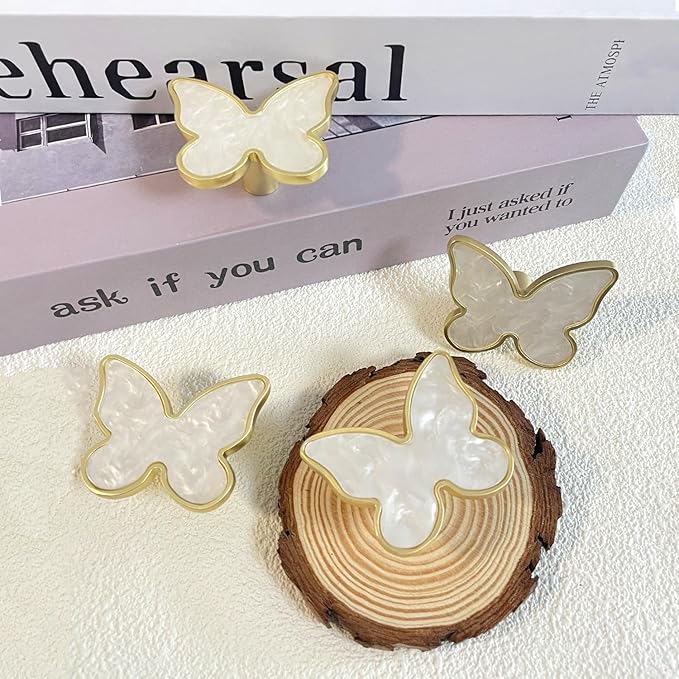 6 pcs Butterfly Shape Knobs Handle Gold Cabinet Knobs Decoration Door Handle Single Hole Handles Cabinet Drawer Dresser Kitchen Wardrobe Furniture Hardware Pulls (White)