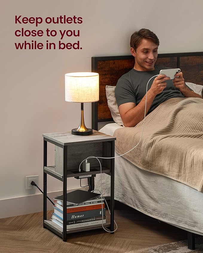 VASAGLE Side Table with Charging Station, 3-Tier End Table with USB Ports and Outlets, Nightstand for Living Room, Bedroom, 11.8 x 13.4 x 22.8 Inches, Plug-in Series, Greige and Black