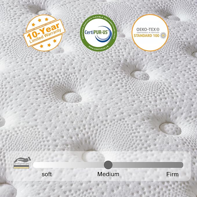 Queen Mattress, 10 Inch Hybrid Mattress in a Box, Memory Foam and Individual Pocket Springs, Fiberglass Free, Soft and Breathable, Medium Firm Feel