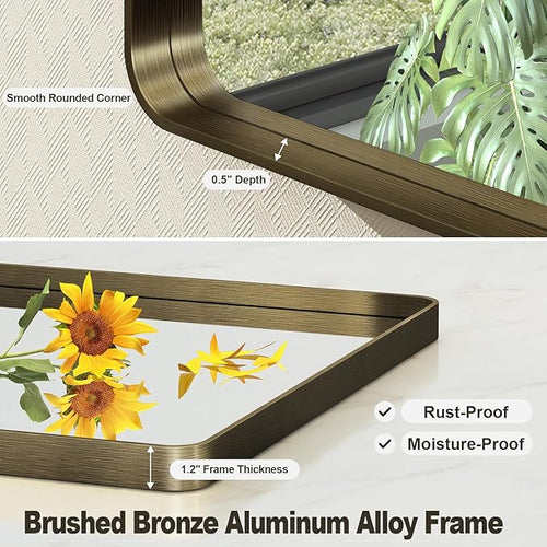 24x36 Inch Bronze Framed Bathroom Mirror, Rectangle Brushed Bronze Metal Vanity Mirror, Small Modern Wall Mirror, Rounded Corner, Tempered Glass, Anti-Rust, Shatterproof (Horizontal/Vertical)