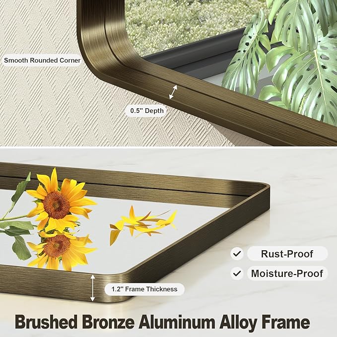 48x30 Bronze Framed Bathroom Mirror, Rectangle Brushed Bronze Metal Vanity Mirror, Bronze Modern Mirror for Wall, Tempered Glass, Anti-Rust, Shatterproof (Horizontal/Vertical)