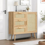 Iwell Storage Cabinet with 3 Drawers, Rattan Cabinet with Adjustable Shelf, Small Storage Cabinets, for Living Room, Entryway, Natural