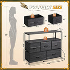 WLIVE Dresser for Bedroom, 5 Drawer Dressers with Charging Station, Fabric Chest of Drawers with Open Shelves, Storage Dresser for Living Room, Closet, Entryway, Charcoal Black Wood Grain Printt