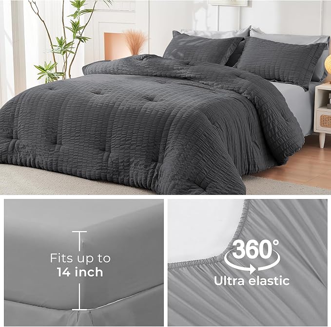 HYMOKEGE Dark Grey/Light Grey California King Comforter Set Seersucker 7 Pieces, All Season Luxury Bed in a Bag for Bedroom, Bedding Set with Comforter, Sheets, Pillowcases & Shams