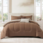 Monbix Full Comforter Set - 7 Pieces Brown Bed in a Bag Full Size Track Stitching Bedding Sets, All Seasons Down Alternative Comforter with Sheets,Pillowcases & Shams