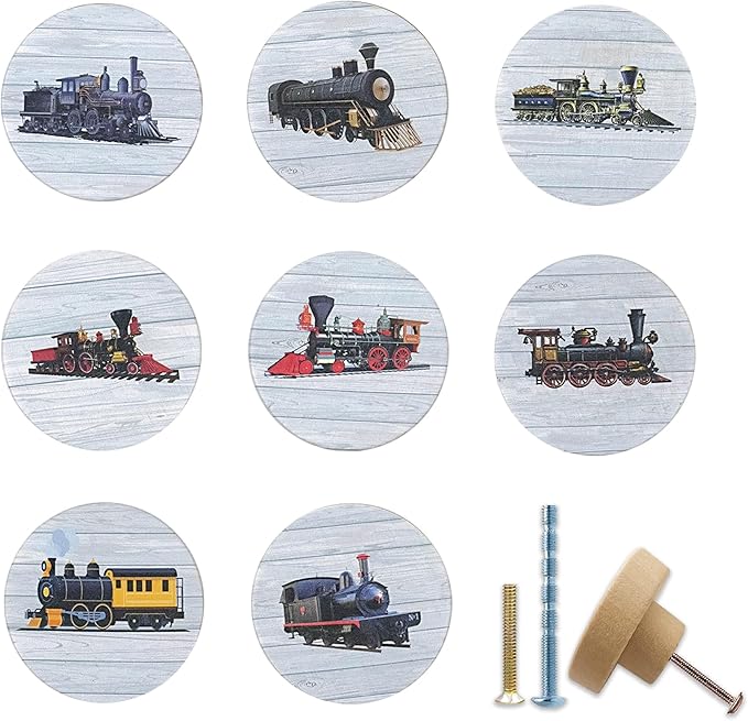 8Pack1.8 Wooden Vintage Train Steam Engine Knob Cabinet Handles Kid's Nursery Room Furniture Dresser Drawer Pulls Knobs