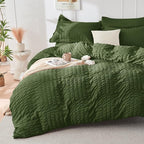 HYMOKEGE Olive Green Twin Comforter Set Seersucker 5 Pieces, All Season Luxury Bed in a Bag for Bedroom, Bedding Set with Comforter, Sheets, Pillowcase & Sham