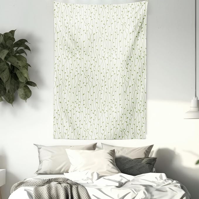 Lunarable Green and Beige Tapestry Twin Size, Green Leaves on Skinny Tangled Sprigs Fresh Nature Theme Foliage, Wall Hanging Bedspread Bed Cover Wall Decor, Twin Size, Pistachio Green