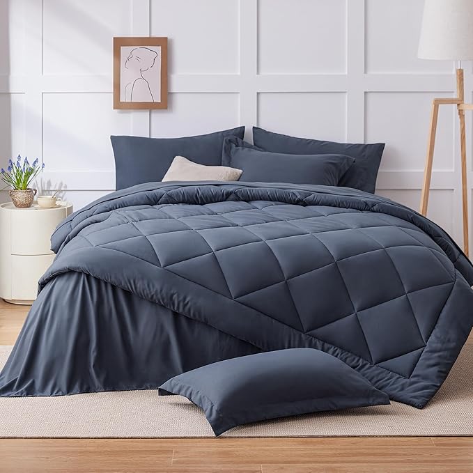 Love's cabin King Size Comforter Set Navy Blue, 7 Pieces King Bed in a Bag, All Season Bedding Sets with 1 Comforter, 1 Flat Sheet, 1 Fitted Sheet, 2 Pillowcase and 2 Pillow Sham
