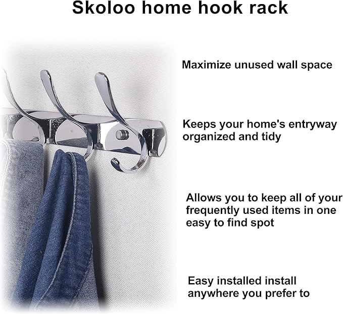 SKOLOO Modern Metal Wall Coat Rack with 5 Hooks, Sturdy Wall Hook Rack for Hanging Jacket, Clothes, Hat, Silver