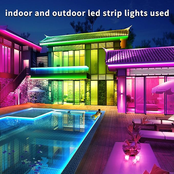 66Ft Outdoor Waterproof LED Strip Lights,Music Sync RGB IP68 Led Lights with App and Remote Control,Color Changing Waterproof RGB Exterior Rope Self Adhesive Back,Balcony,Roof,Garden,Party