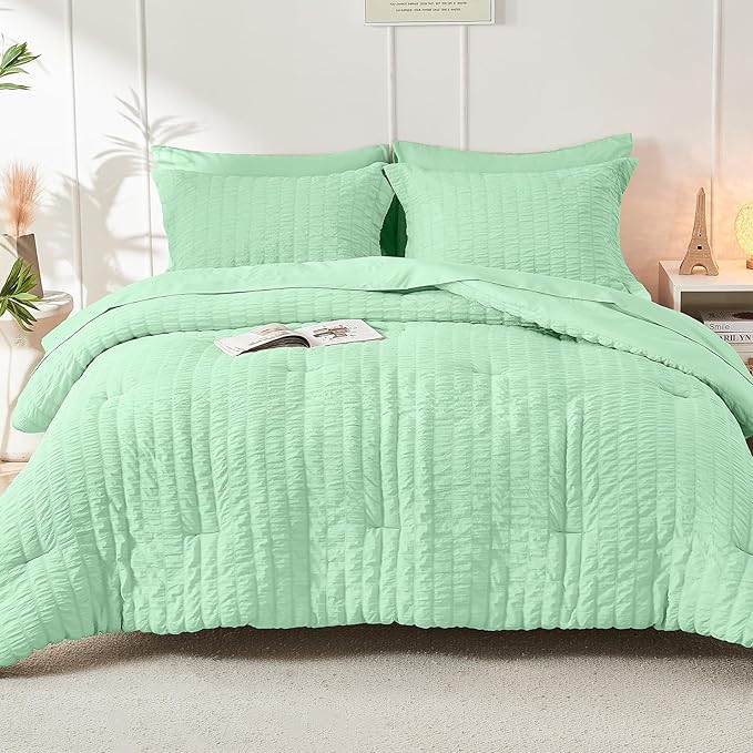 HYMOKEGE Mint Green Full Size Comforter Sets Seersucker 7 Pieces, All Season Luxury Bed in a Bag for Bedroom, Bedding Set with Comforter, Sheets, Pillowcases & Shams