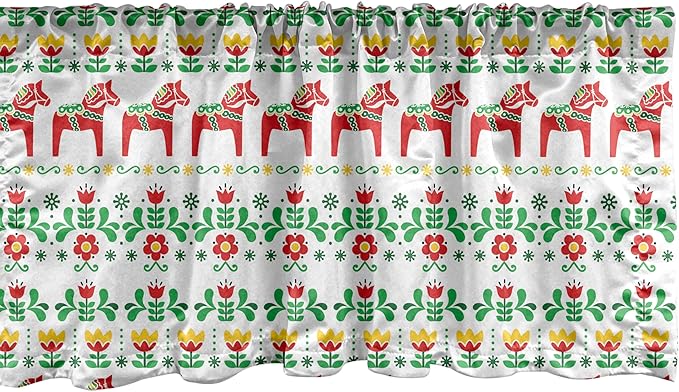Ambesonne Folk Art Window Valance, Scandinavian Themed Pattern of Swedish Dala Horse and Flowers, Curtain Valance for Kitchen Bedroom Decor with Rod Pocket, 54" X 12", Green Vermilion